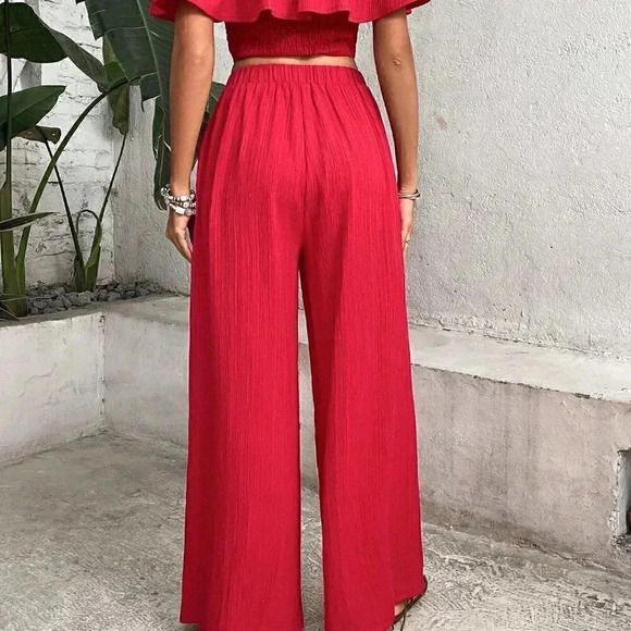 Red Boho Womens Off Shoulder Ruffle Trim Top & Wide Leg Pants - Picture 2 of 5